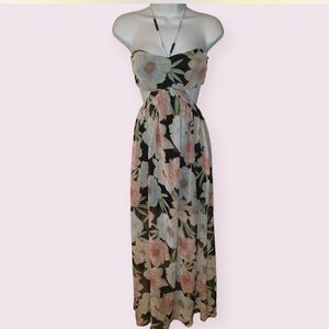 Floral Strapless Maxi Dress - Black and Pink